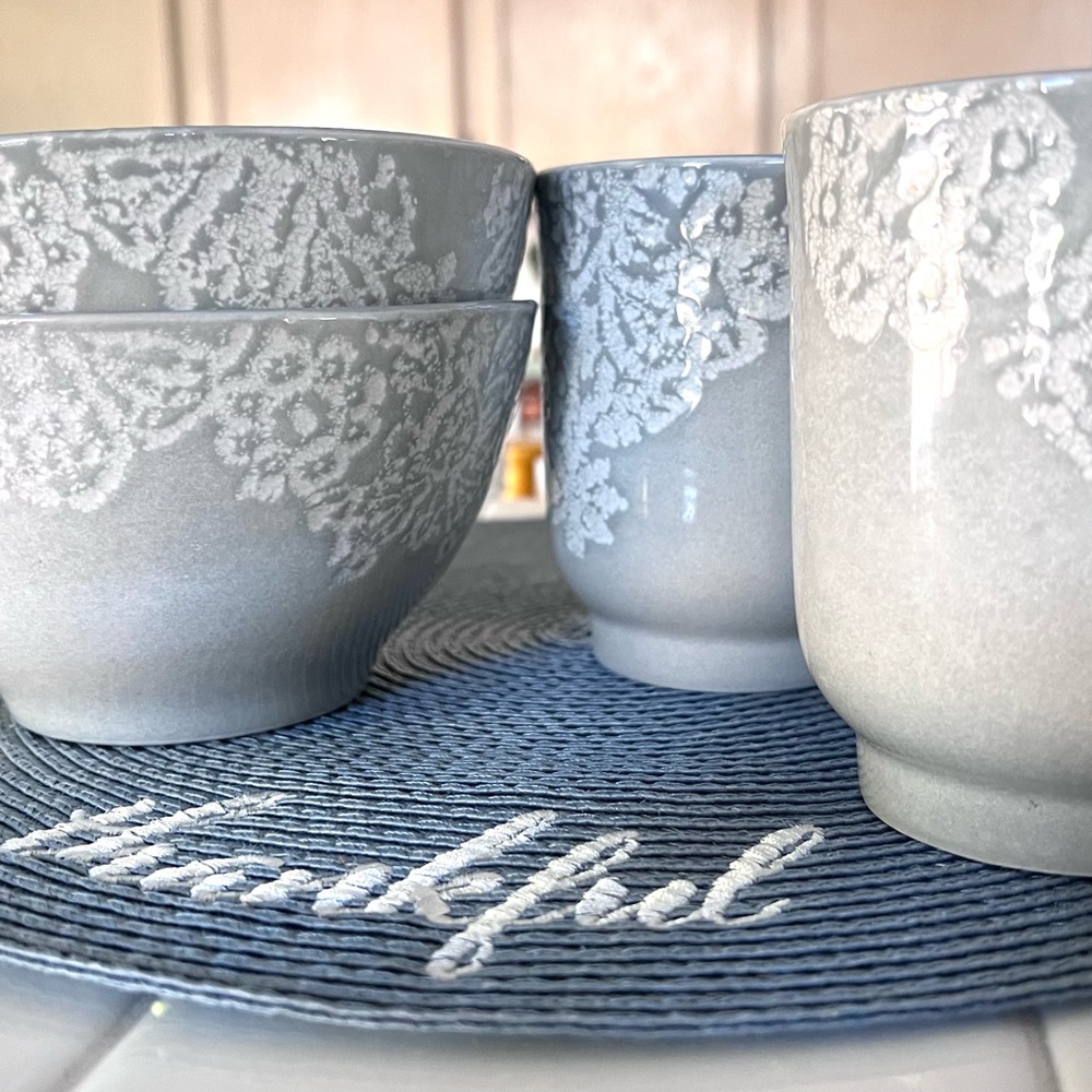 Ceramic Bowl & Mug Set Breakfast for 2 Lt Gray with Elegant White Lace Design